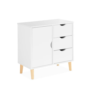 Commode enfant. 1 porte et 3 tiroirs. 2 étagères. blanc. pieds en pin
