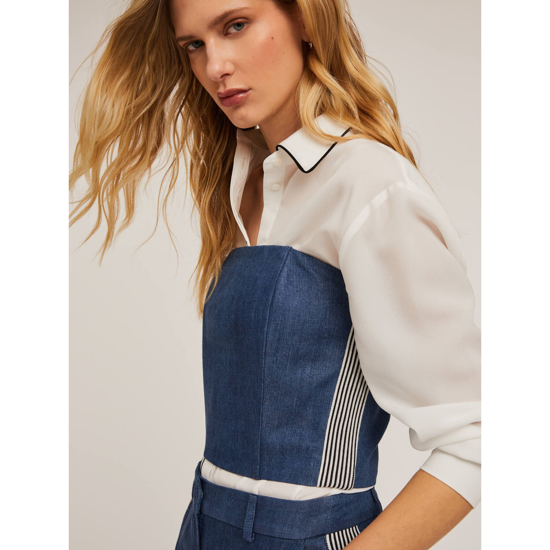 Motivi - Top bustier effetto denim con bande laterali - Blu