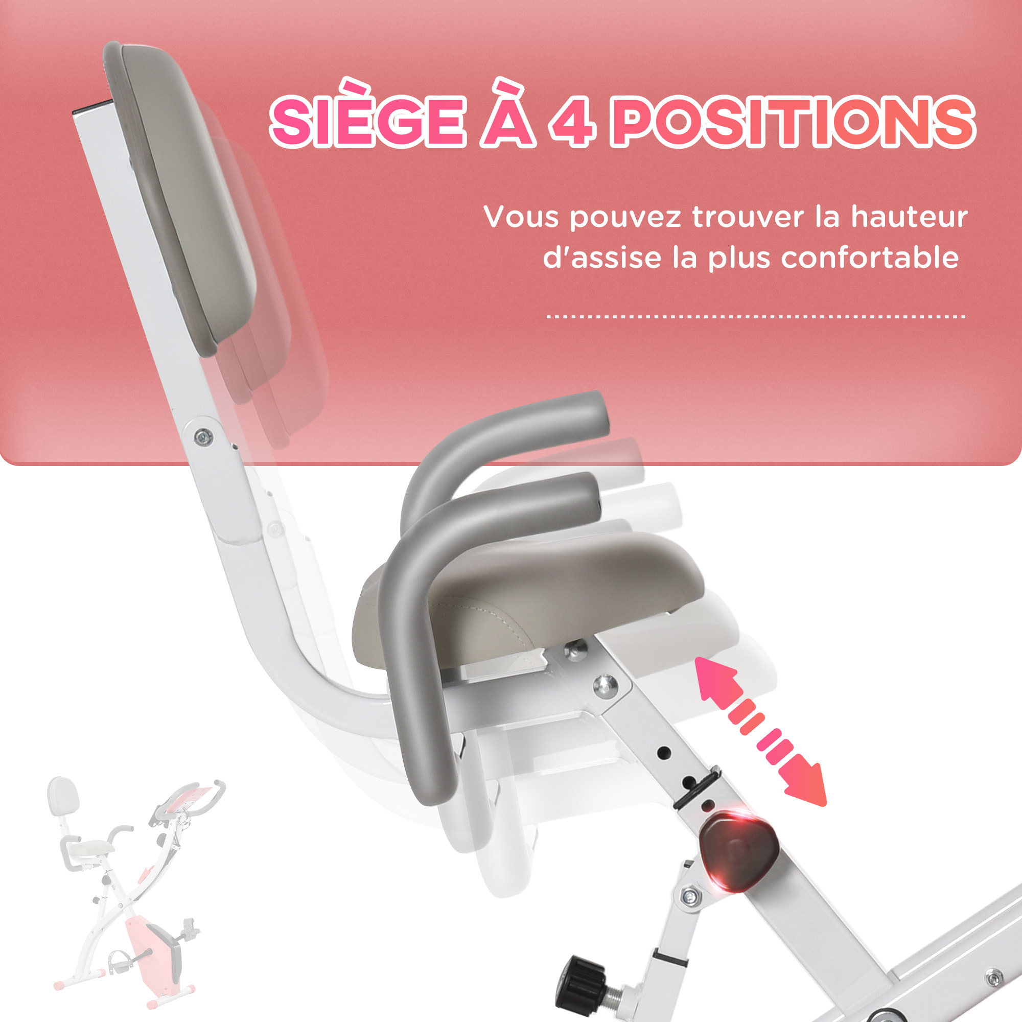 Vélo d'appartement pliant 8 niveaux de résistance magnétique dossier selle réglable poignées ergonomiques écran LCD multifonction suspensions support tablette acier rose blanc