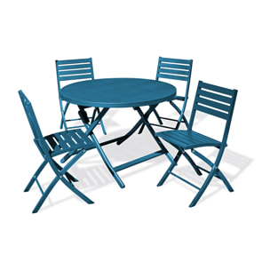 MARIUS - Ensemble repas de jardin 4 places en aluminium bleu canard