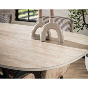 Ruben - table à manger - plateau en céramique effet travertin - pieds en acier - 4 à 6 personnes - Beige / Noir