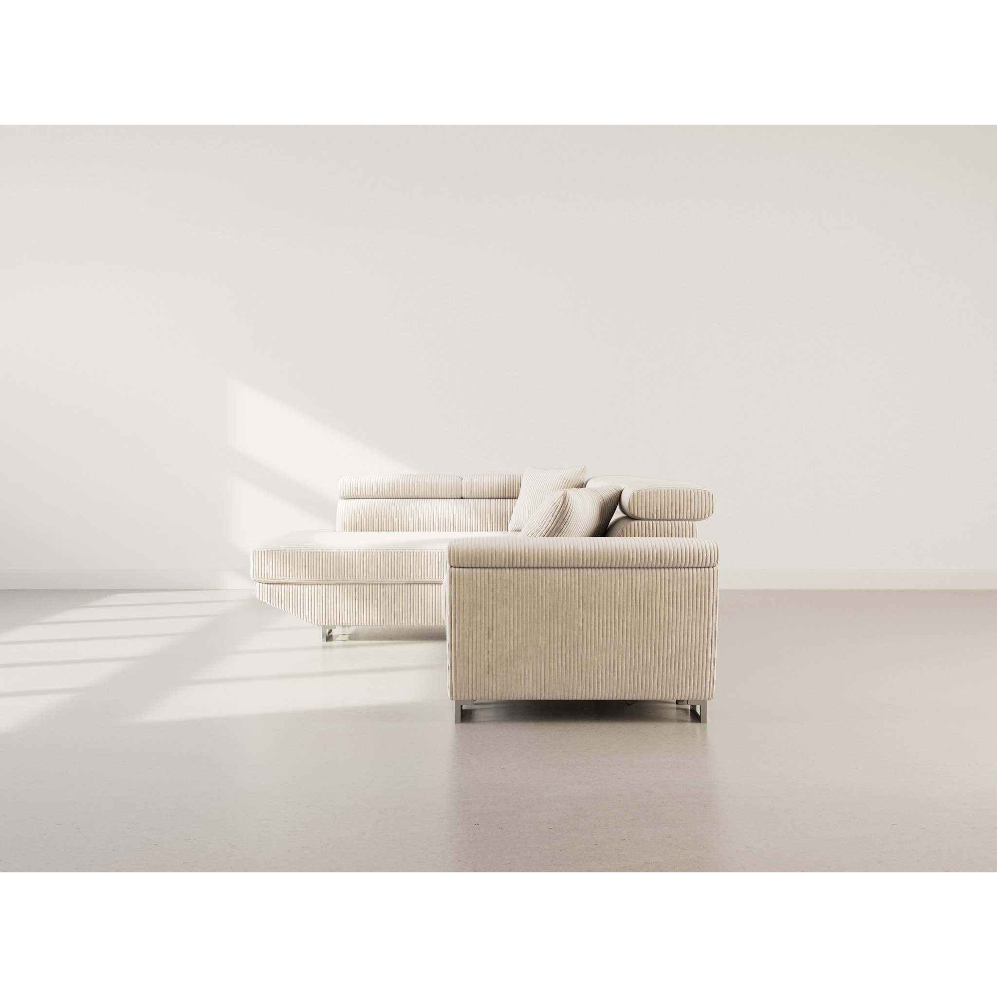 Baoji - Canapé d'angle gauche 5 places convertible avec têtières et coffre en velours côtelé - Beige