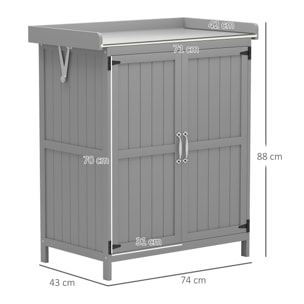 Armoire de jardin sur pied 2 portes étagère toit ouvrant dim. 74 x 43 x 88 cm acier inox bois sapin gris