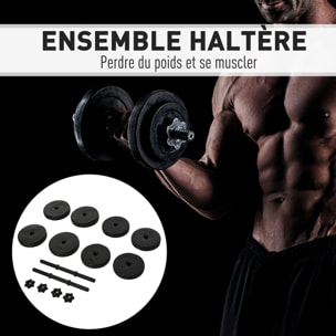 Ensemble d'haltères courtes total 20 Kg - barres incluses - entraînement musculaire & haltérophilie - acier HDPE noir