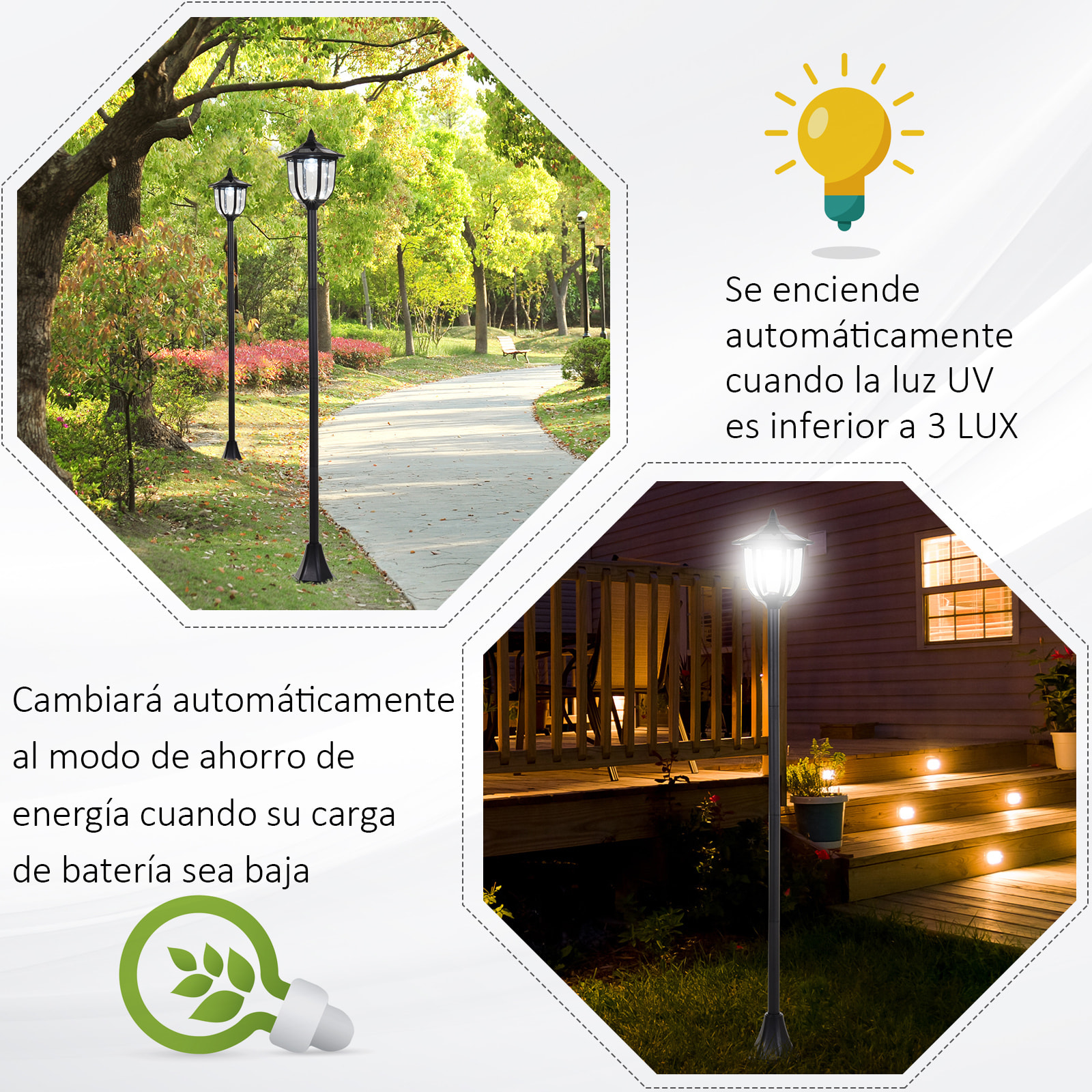 Farola Solar con Panel Solar a Cargar Batería Protección al Ambiente 6 LED Perfecto para Noche Encendido Automático Autonomía de 6 Horas Instalar Fácil Negro ÃÂ¤26,5 x 177cm