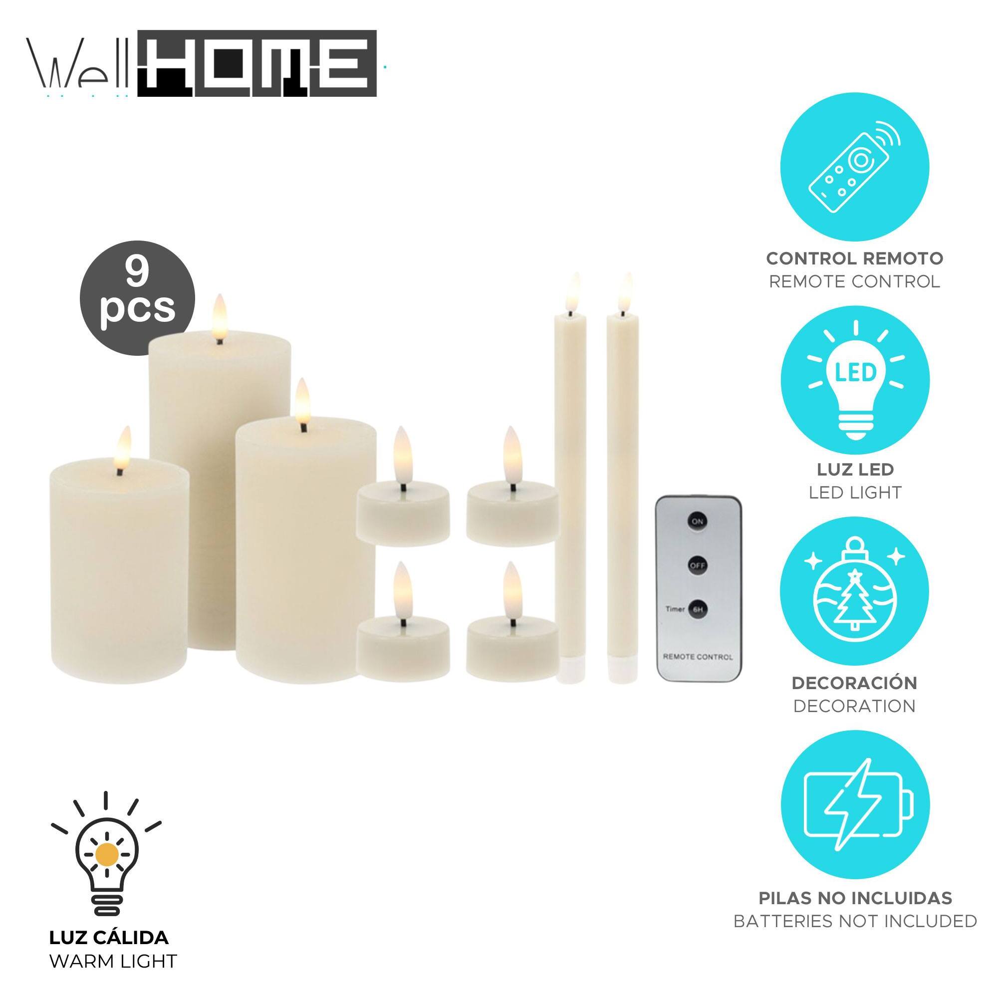 Set de 9 velas led - velas de pilar, velas de cena y candelitas con superficies rústicas y lisas con control remoto