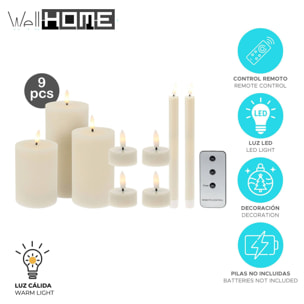 Set de 9 velas led - velas de pilar, velas de cena y candelitas con superficies rústicas y lisas con control remoto