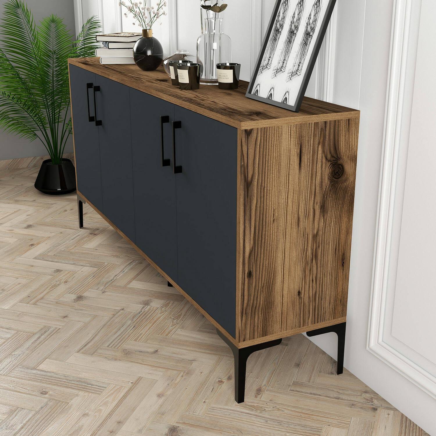 Credenza Daltobell, Buffet da soggiorno, Madia da salotto, Dispensa da cucina, 160x35h78 cm, Noce e Antracite