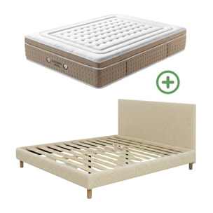 Ensemble matelas Bali & lit fixe Colisée | Mémoire de forme et ressorts ensachés | cadre à lattes | Velours côtelé | Beige