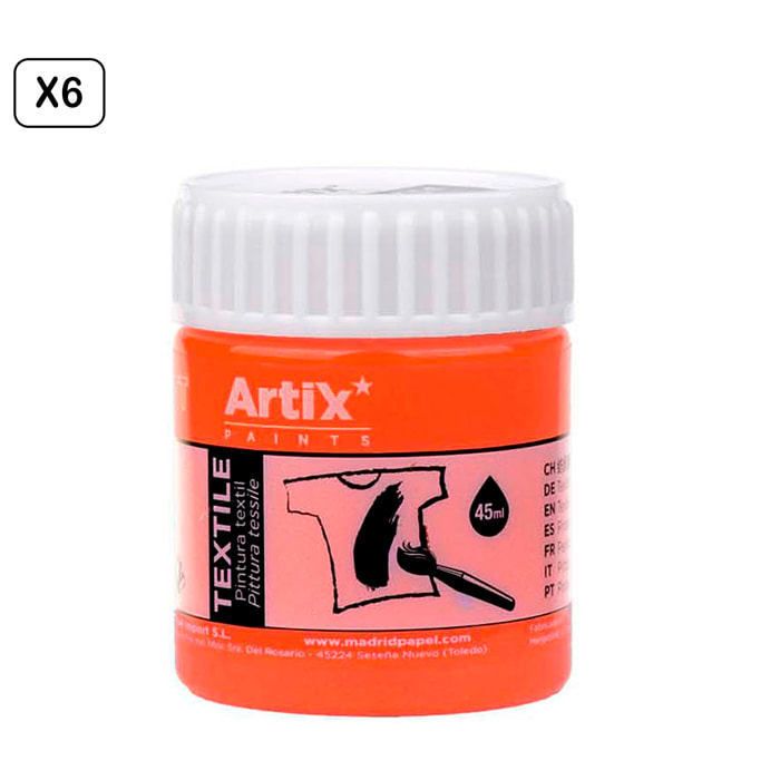 Pack 6 Uds. PINTURA TEXTILE ARANCIONE NEON 45 ml