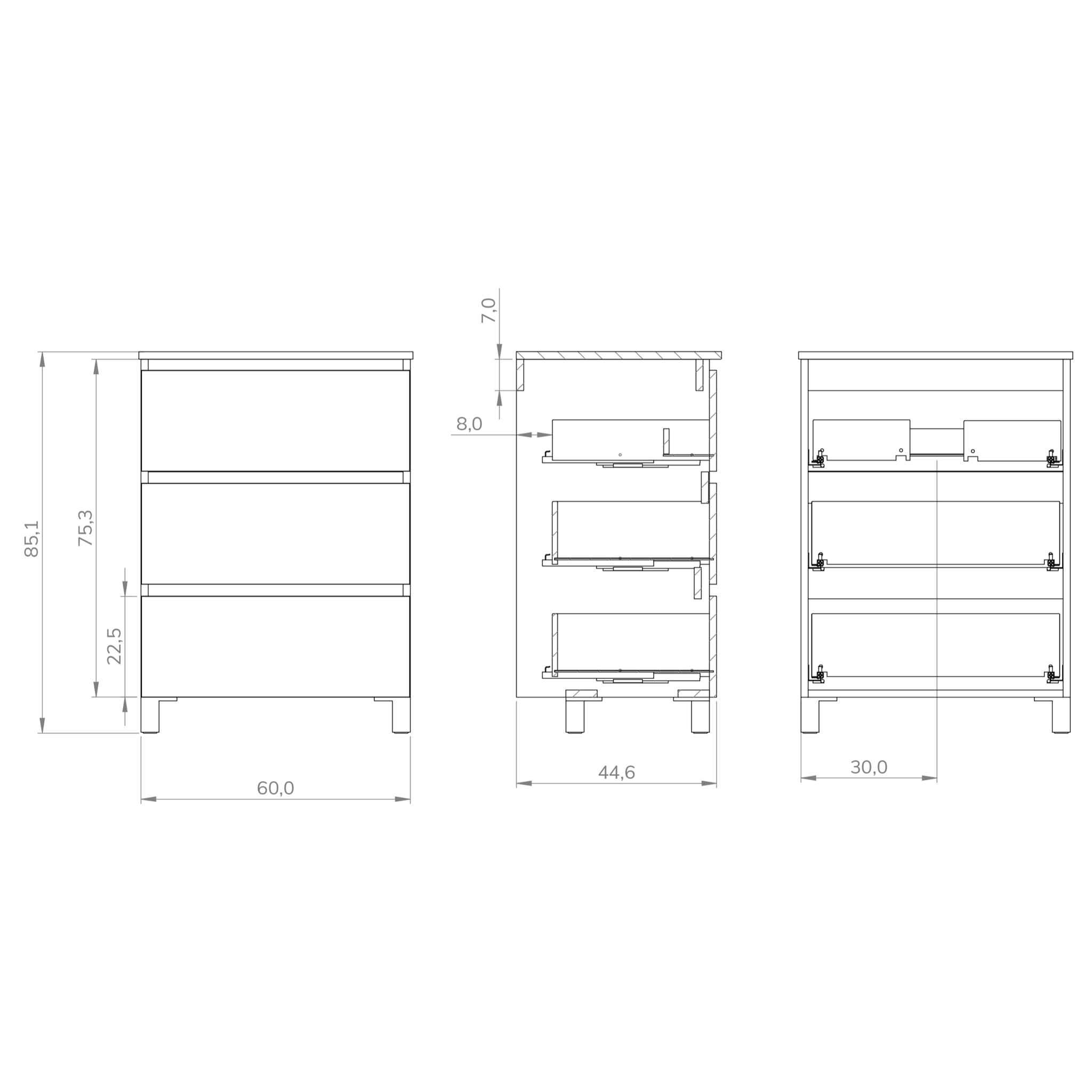 Conjunto de baño Wink | 60 cm Blanco Mate | Tres cajones | Lavabo encastrado | No incluye espejo | Mueble montado | Alday