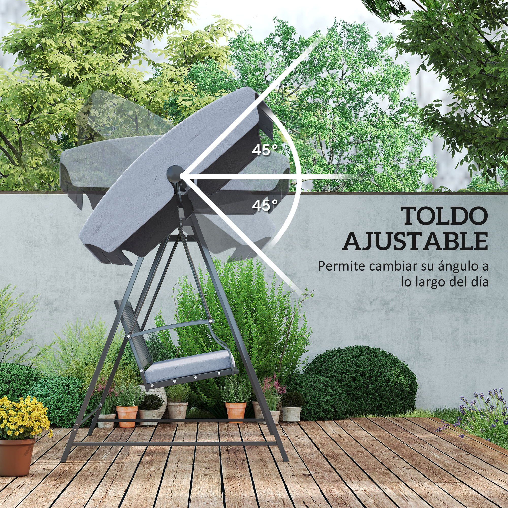 Columpio de Jardín Exterior de 3 Plazas Balancín de Jardín Exterior con Toldo Ajustable Cojín y Estructura de Acero Carga 360 kg 205x133x181 cm Gris