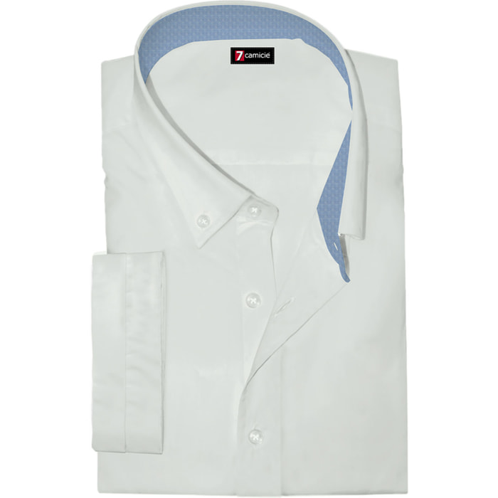 Camicia Uomo 1 Bottone Button Down Manica Corta Slim Popeline Stretch Unito Bianco
