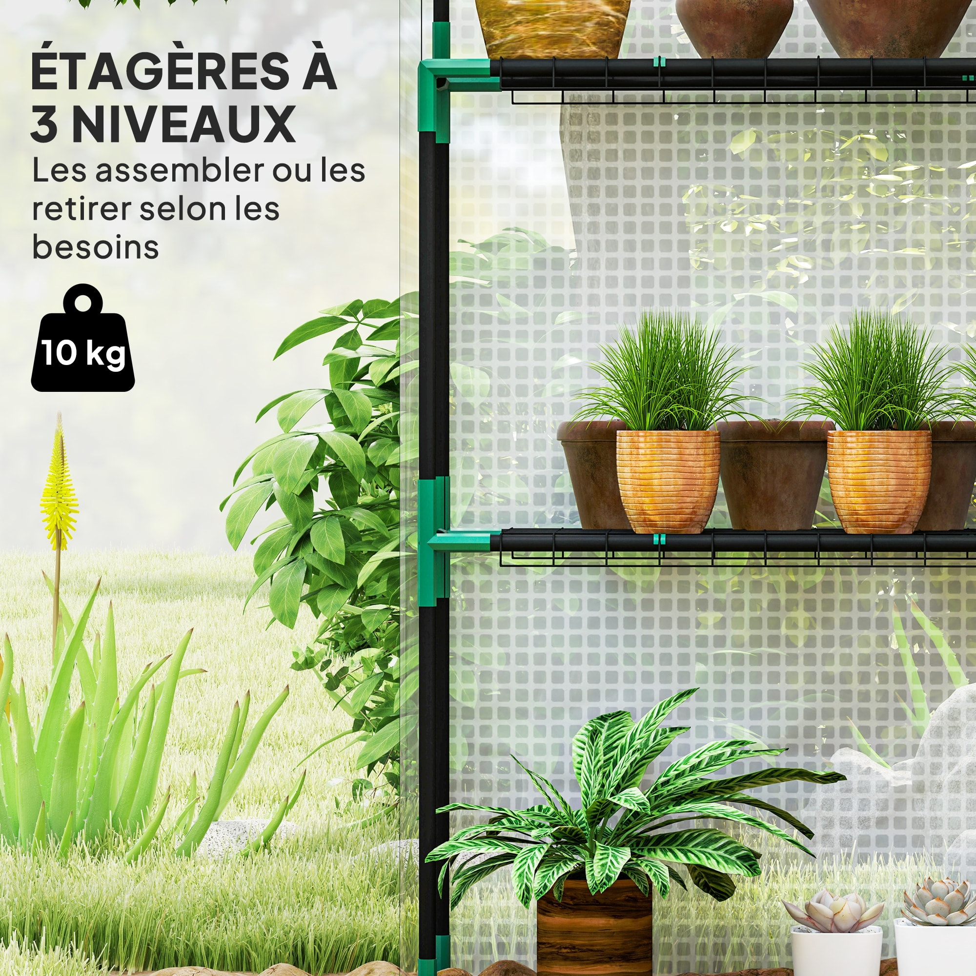 Serre de jardin 4 tablettes dim. 1,43L x 0,74l x 1,9H m porte déroulante fenêtre acier PE haute densité blanc