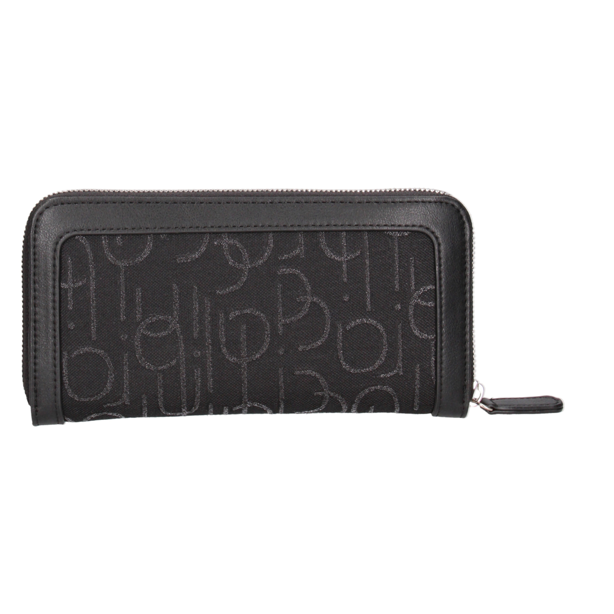 Portafoglio zip round in tessuto, scomparti interni. Rifinitura in sintetico effetto pelle liscia, tono su tono. Metalleria dorata. 18x10,5x3 cm