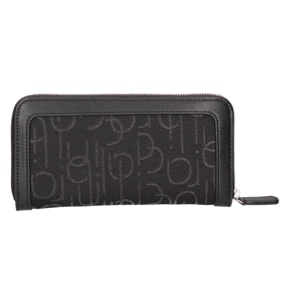 Portafoglio zip round in tessuto, scomparti interni. Rifinitura in sintetico effetto pelle liscia, tono su tono. Metalleria dorata. 18x10,5x3 cm