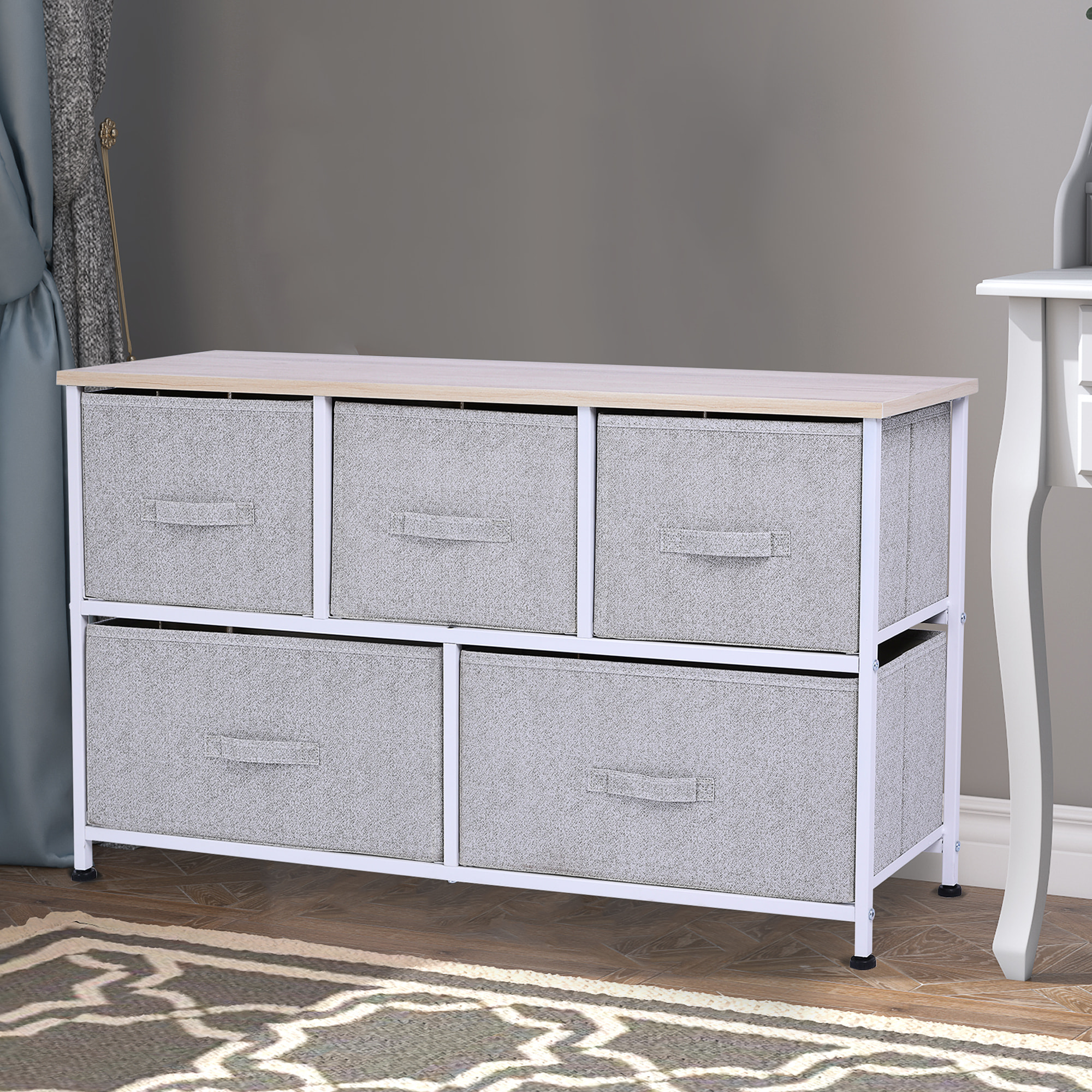 Commode meuble de rangement dim. 100L x 30l x 54H cm 5 tiroirs non-tissés gris structure métal blanc plateau MDF bois clair