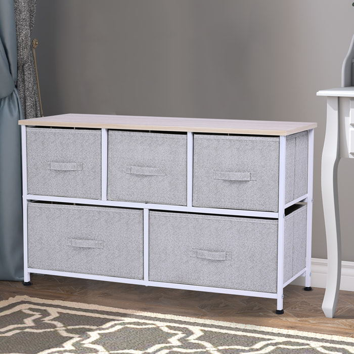 Commode meuble de rangement dim. 100L x 30l x 54H cm 5 tiroirs non-tissés gris structure métal blanc plateau MDF bois clair