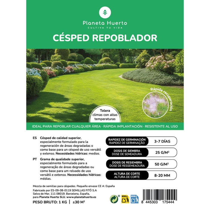 PLANETA HUERTO | Semillas Césped Repoblador 1 kg | Solución de Alta Calidad para Áreas Verdes y Deportivas