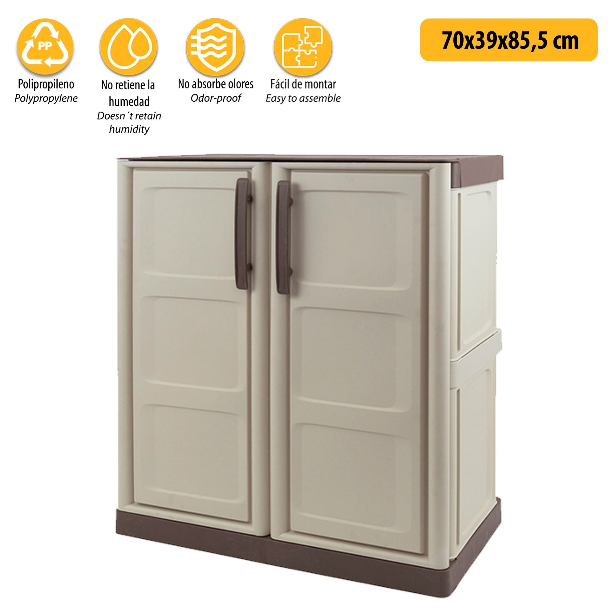 Armario de media altura en pp, material reciclable y ecológico, equipado con bisagras y estante ajustable 70x39x85,5cm