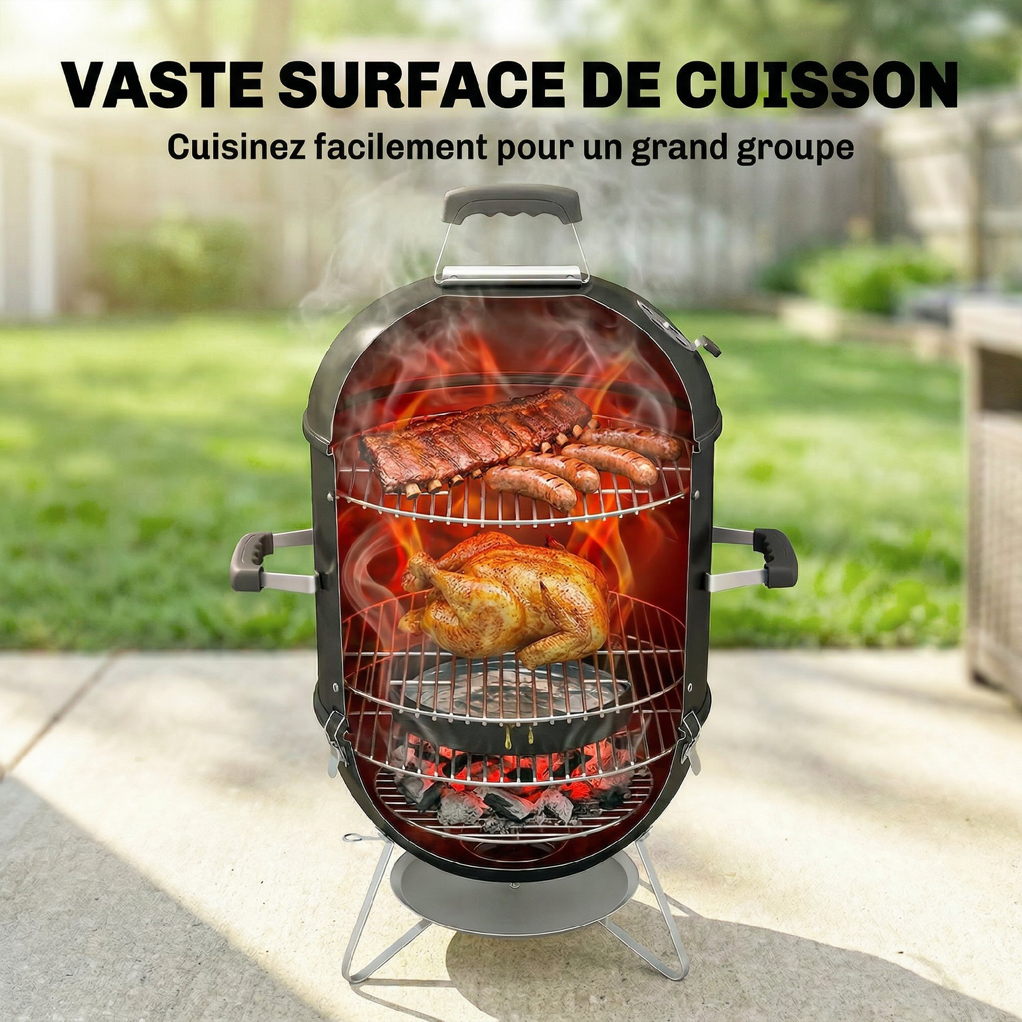 Barbecue braséro fumoir 3 en 1 - 3 grilles de cuisson, thermomètre - noir