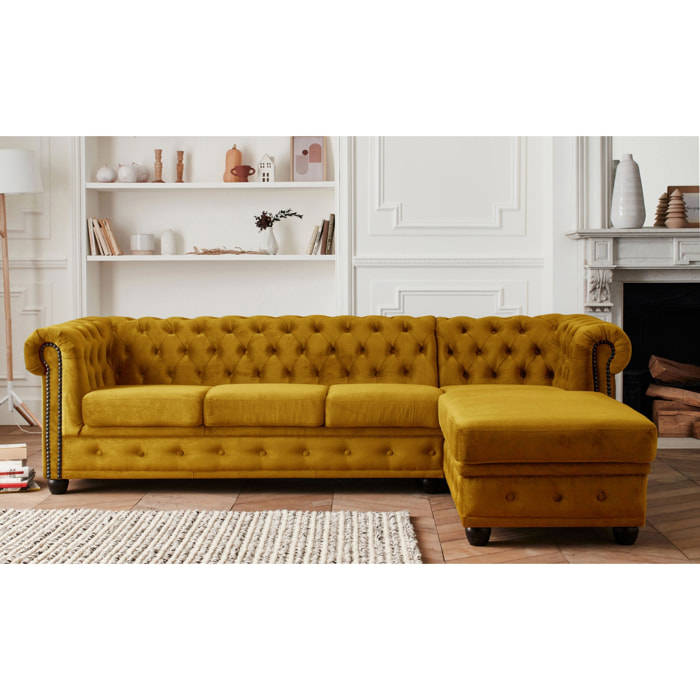 William - canapé Chesterfield d'angle droit - 4 places - en velours - Jaune