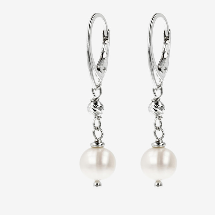 Orecchini Pendenti in Argento 925 con Sfera e Perle d'Acqua Dolce Bianche Ø 8/9 mm