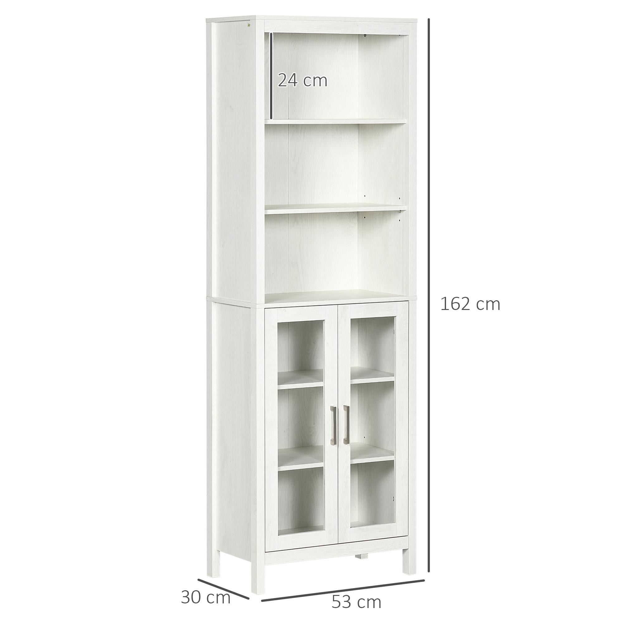 kleankin Armario Alto de Baño con 2 Puertas de Vidrio y 3 Estantes Abiertos Columna Auxiliar de Baño para Salón Aseo Dormitorio Estilo Moderno 53x30x162 cm Blanco