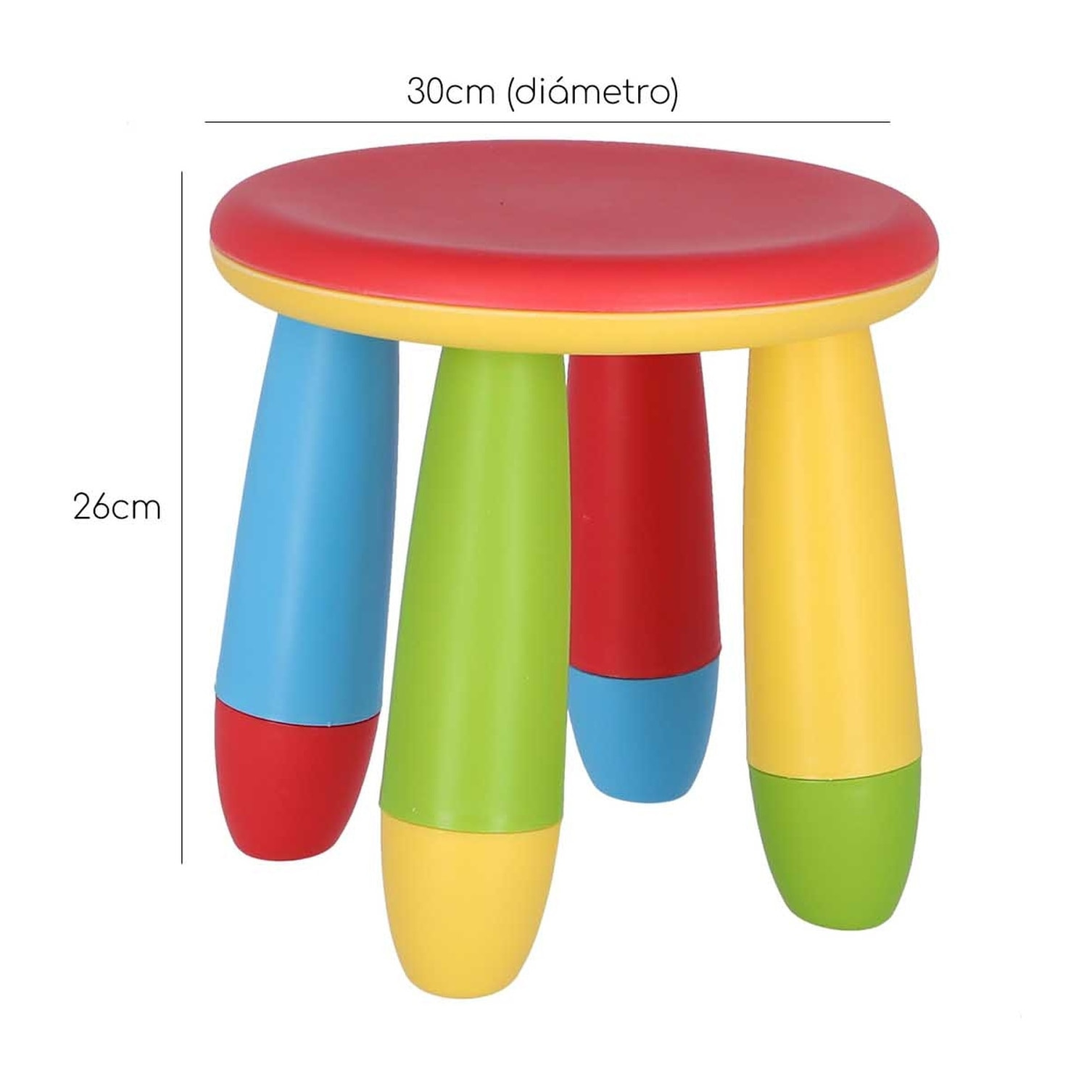 Taburete infantil rojo en plástico fuerte y resistente, diá:30 cm x h:26 cm