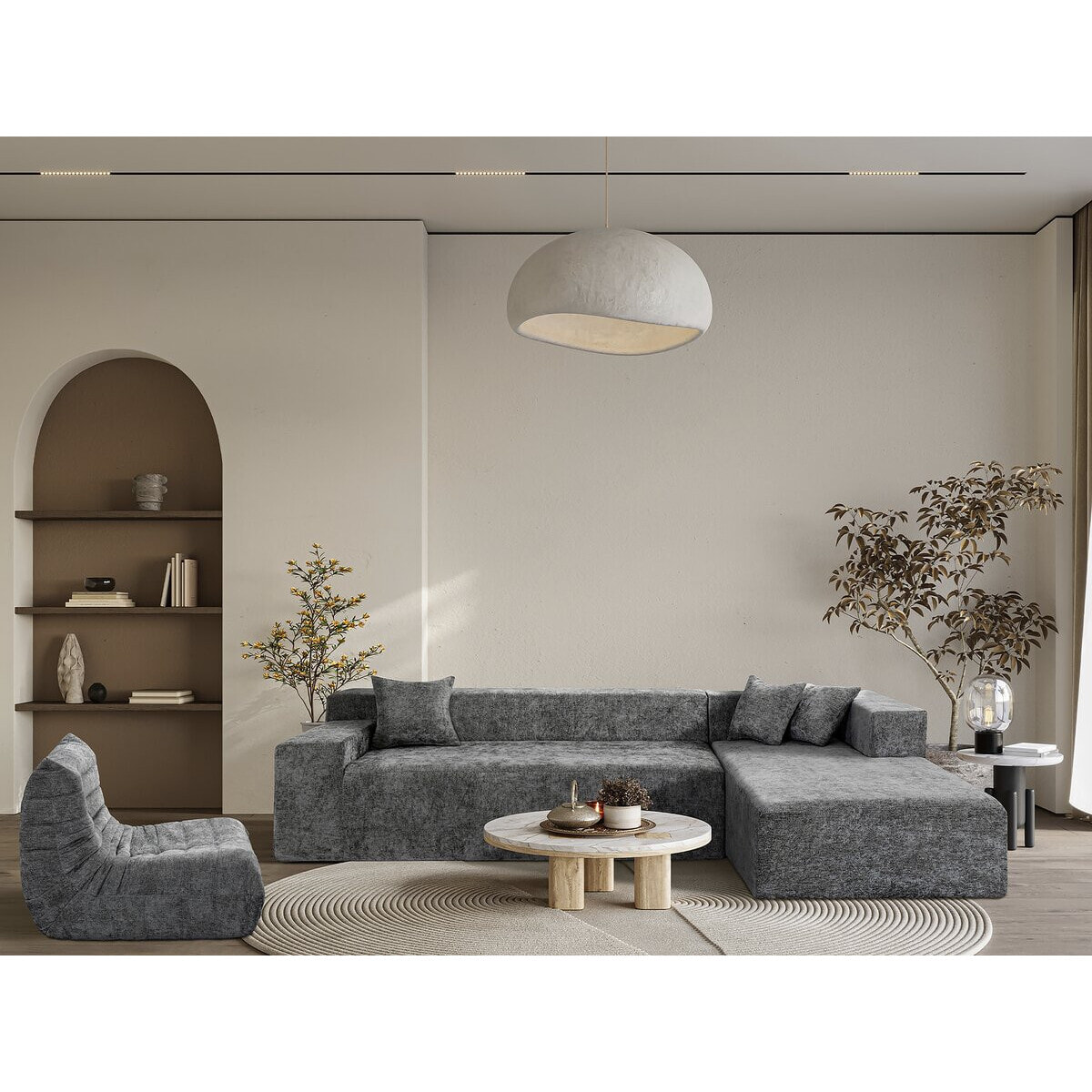 Canapé d'angle en tissu texturé "Tessaro" - 4 places - Gris