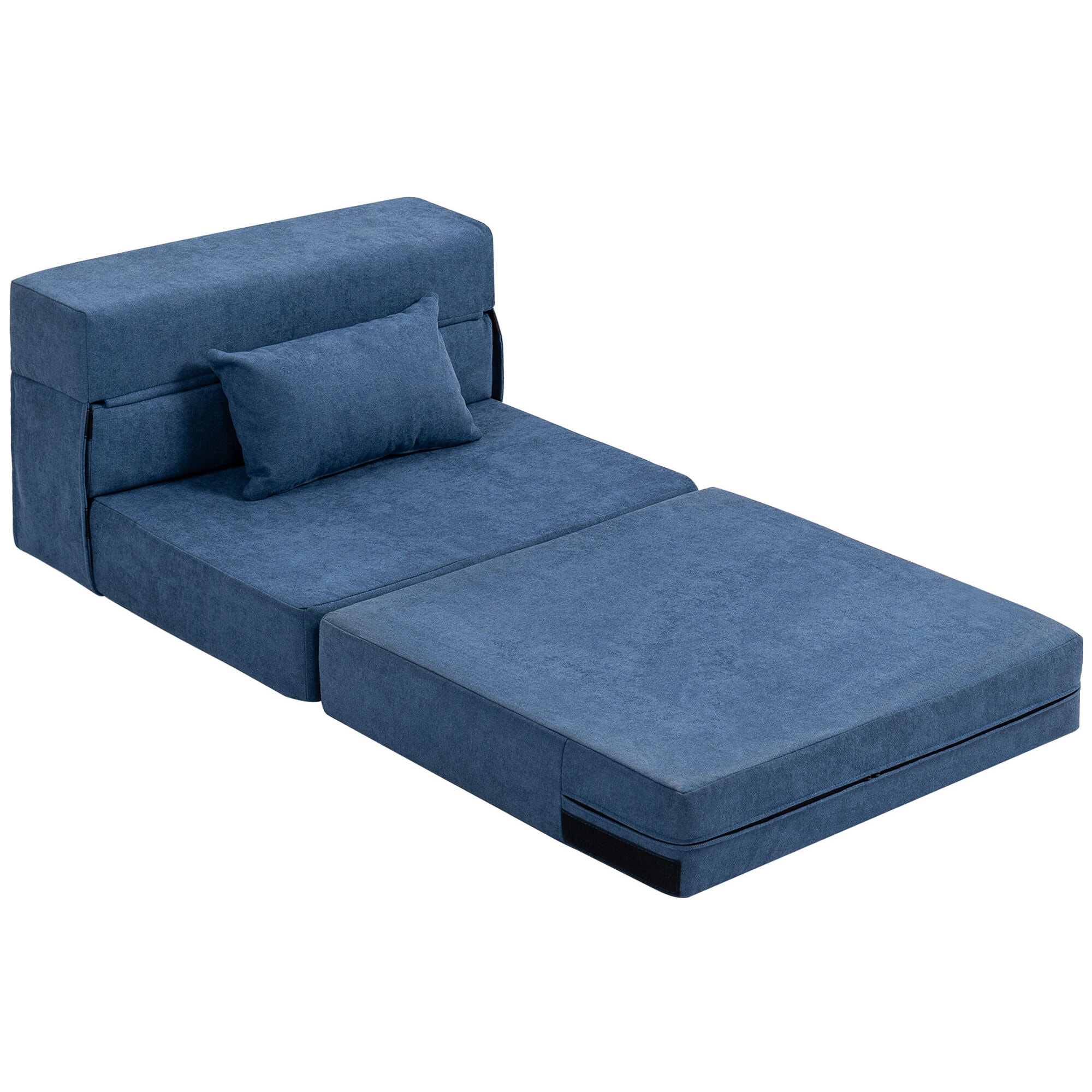 Chauffeuse futon grand confort avec coussin tissu toucher lin bleu