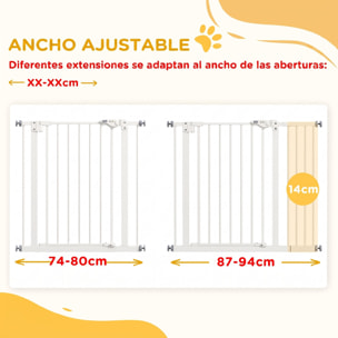 Barrera de Seguridad para Perros Extensible 74-94 cm, para Puertas y Escaleras, Barrera para Perros Medianos, Cierre Automático Montaje a Presión Doble Bloqueo 1 Extensión 14 cm, Blanco