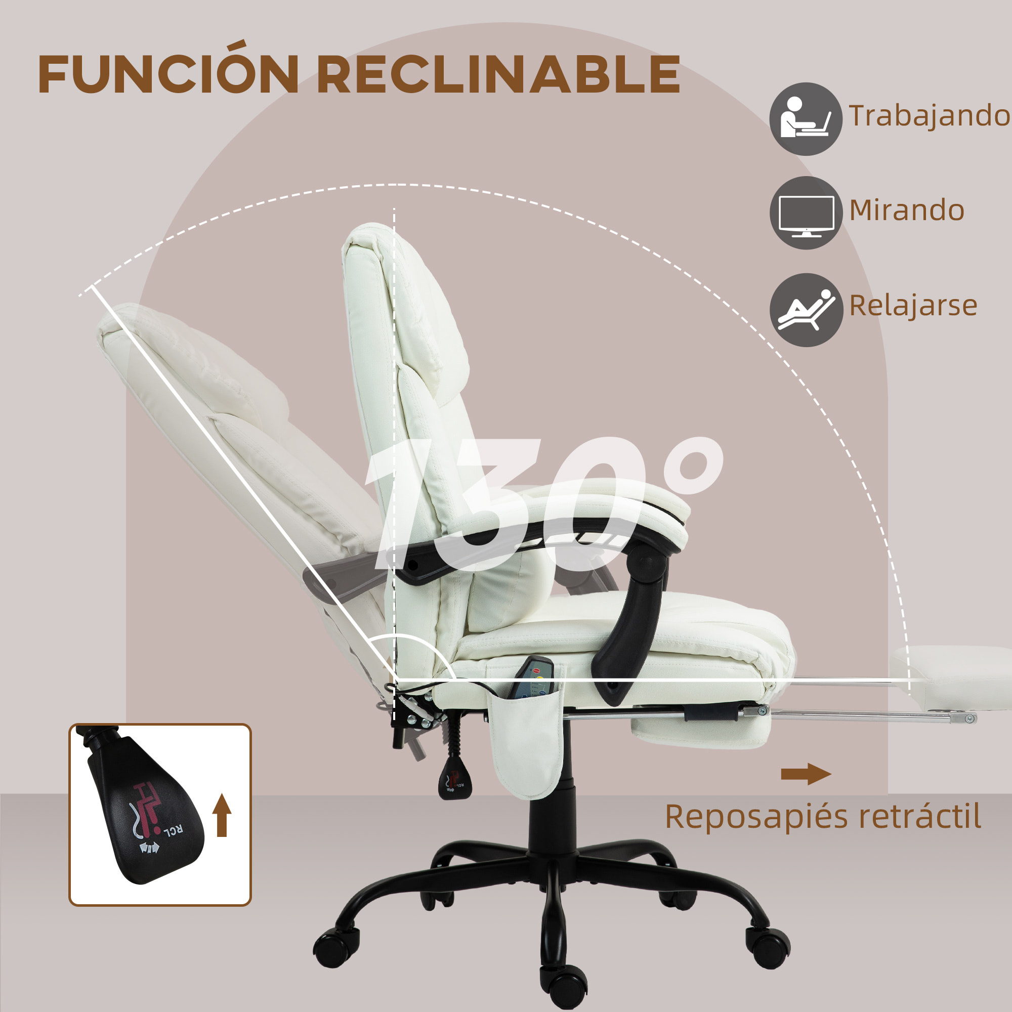 Silla de Oficina con Masaje Vibratorio de 6 Puntos Silla de Escritorio Giratoria con Respaldo Alto Reclinable Altura Ajustable Reposapiés y Mando a Distancia Blanco