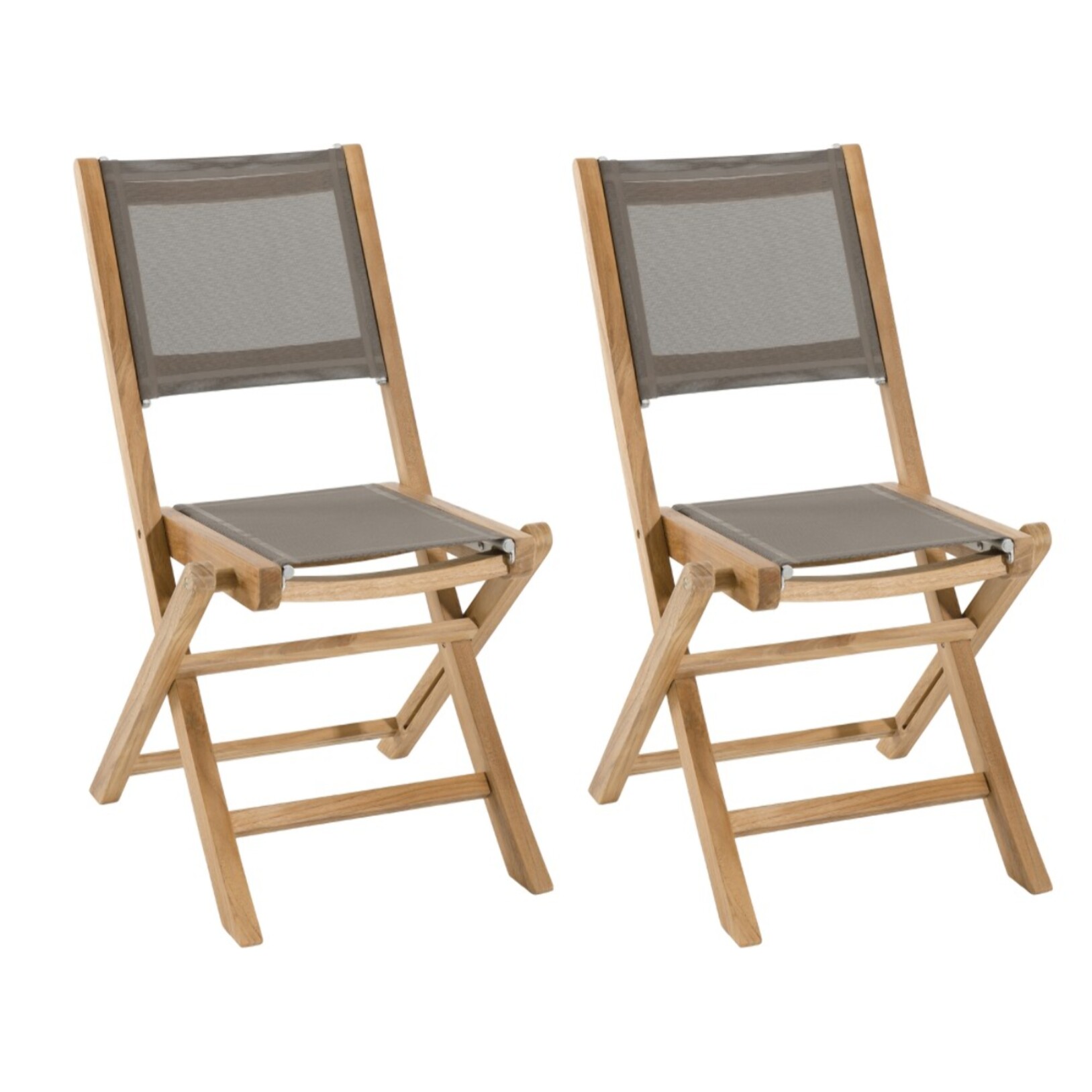 FUN - Ensemble de 2 chaises de jardin pliantes en bois Teck et textilène couleur taupe