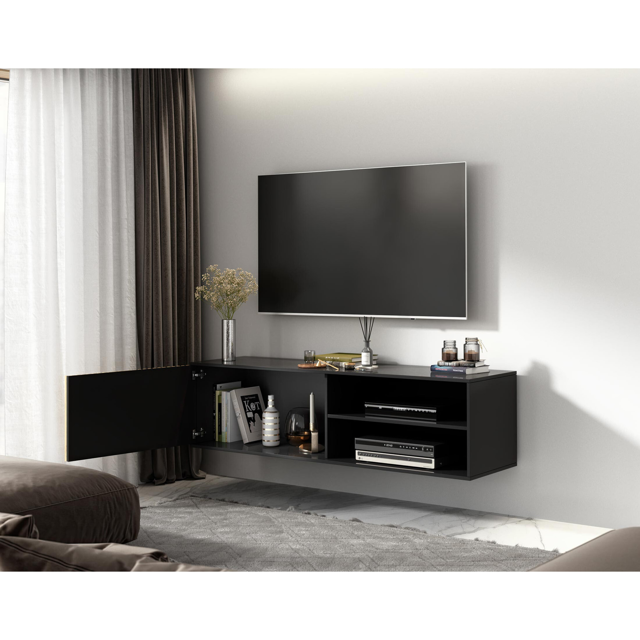 Savanna - meuble TV suspendu - effet bois et noir - 2 niches et 1 porte - 150 cm - Bois / Noir