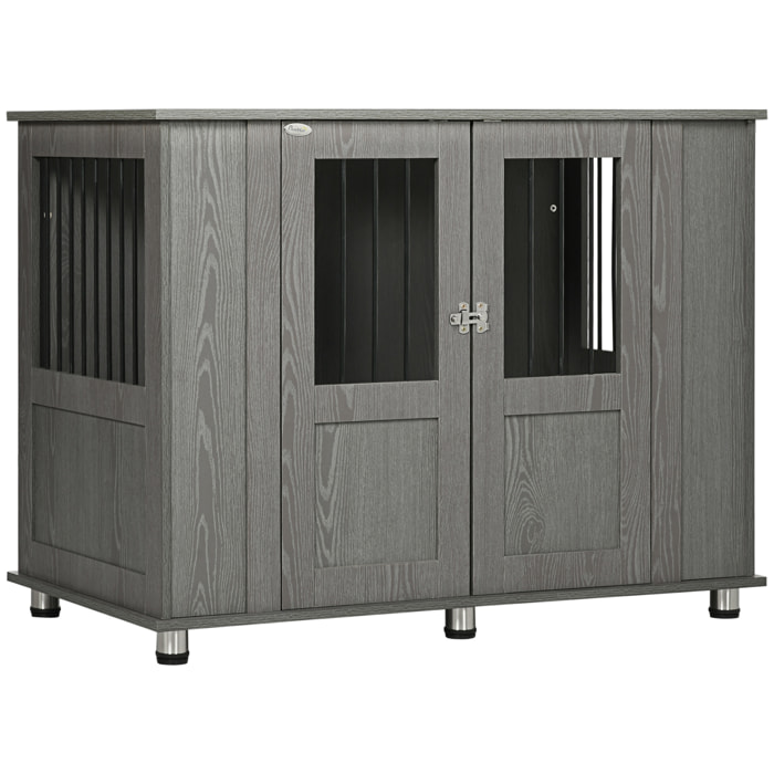 Jaula para Perros Grandes Desmontable 2 en 1 Mesa Auxiliar con 2 Puertas con Pestillo 4 Ventanas y Patas Ajustables 114x60x82 cm Gris