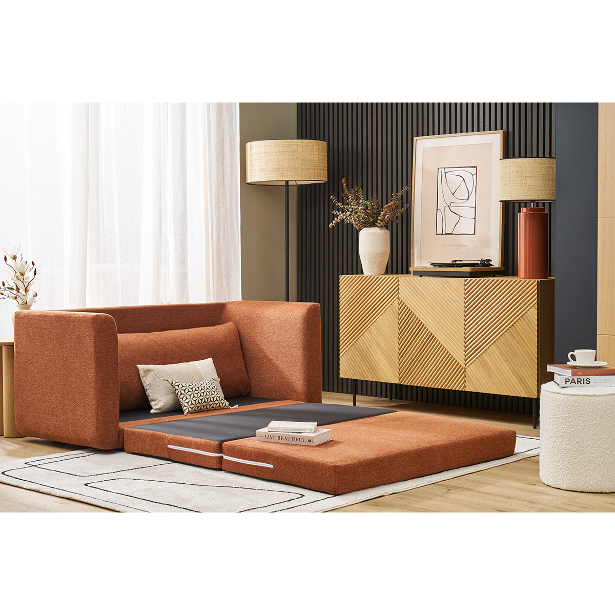 Canapé convertible 2 places en tissu effet velours texturé terre brûlée LEON