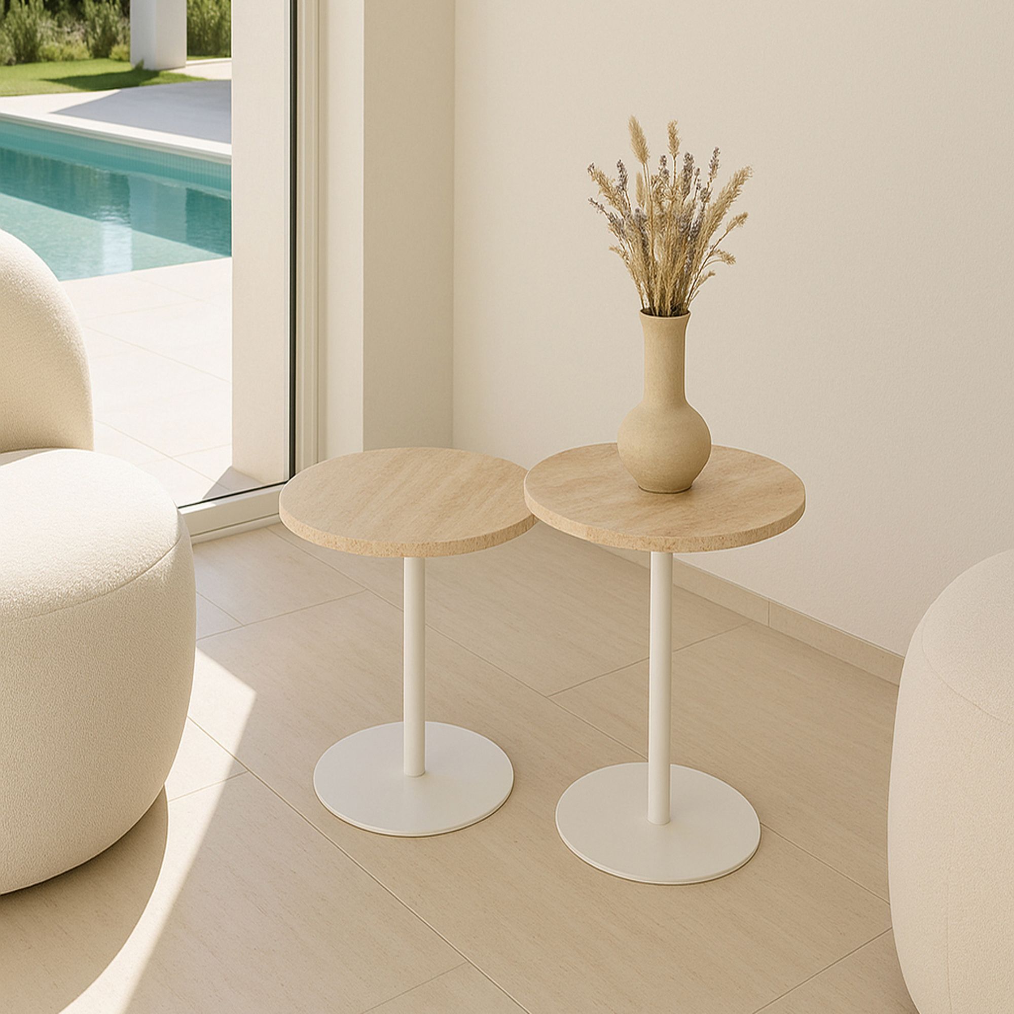 Meuble d'appoint en métal blanc et plateau en travertin TRAVI