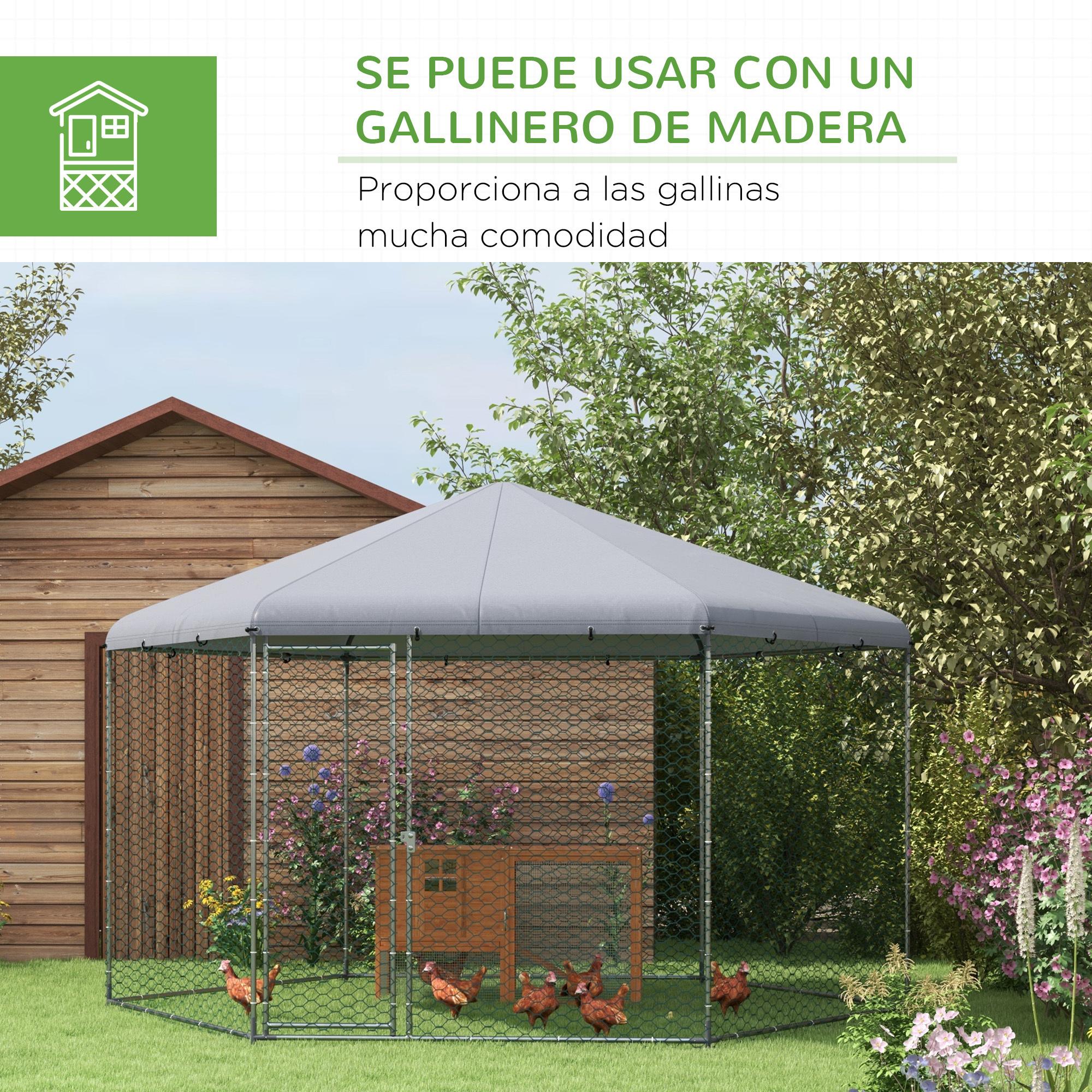 Gallinero para Exterior Grande de Acero 400x346x263 cm Jaula de Gallinas en Forma de Hexágono Cubierta de Tela Oxford Resistente a los Rayos UV e Impermeable para Patio Plata