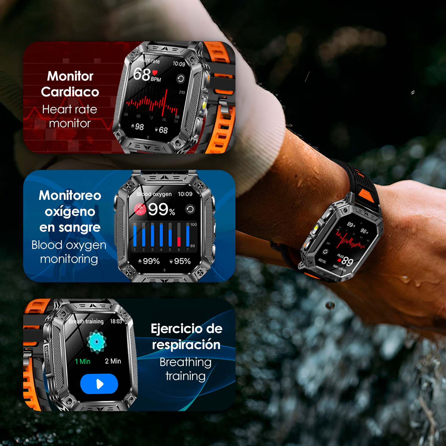Smartwatch QS86. Con llamadas BT, batería de larga duración, modos de salud y deporte. Linterna y luz roja con aviso SOS sonoro.
