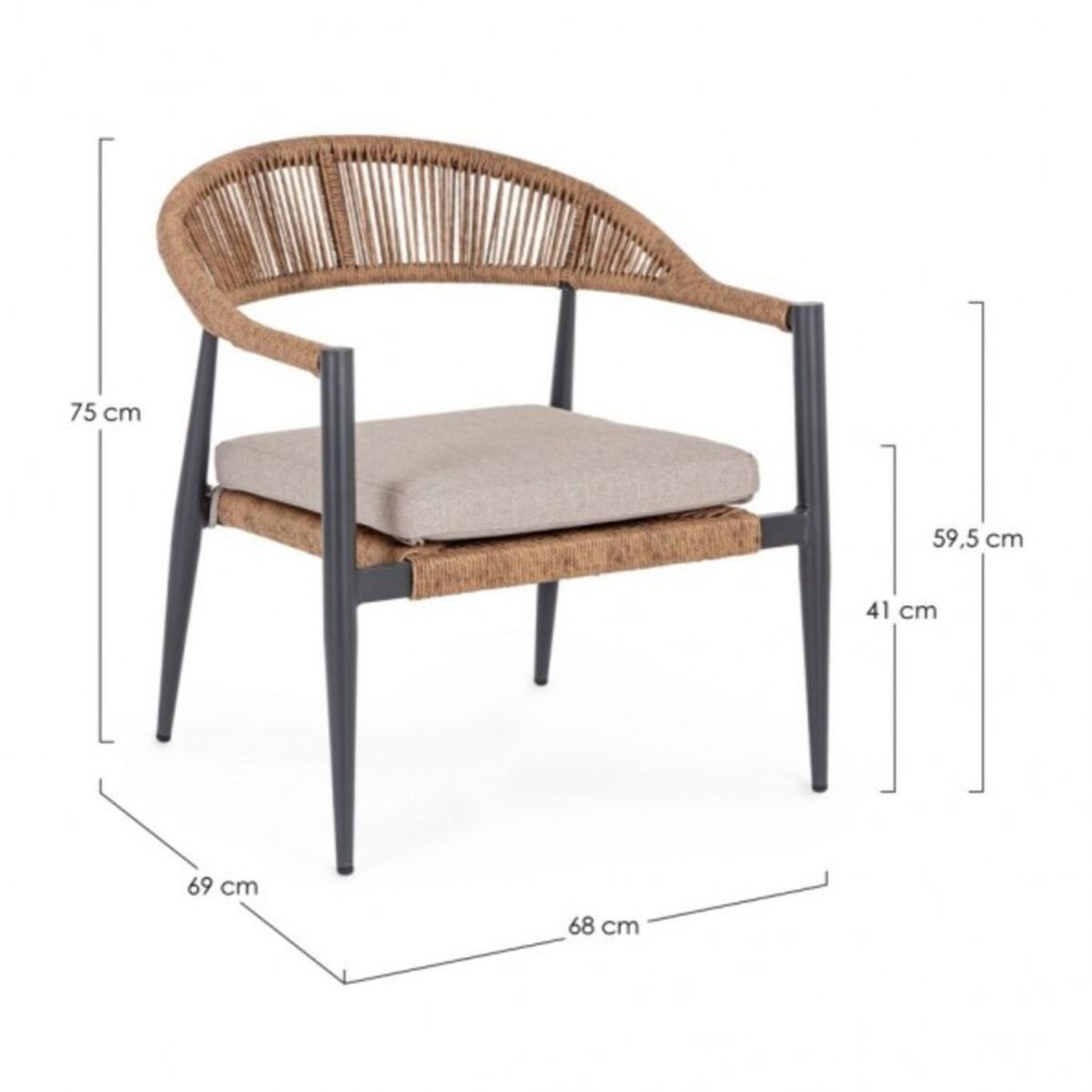 Set di 2 poltrone JANDIA in alluminio antracite e intreccio in fibra sintetica naturale, con braccioli