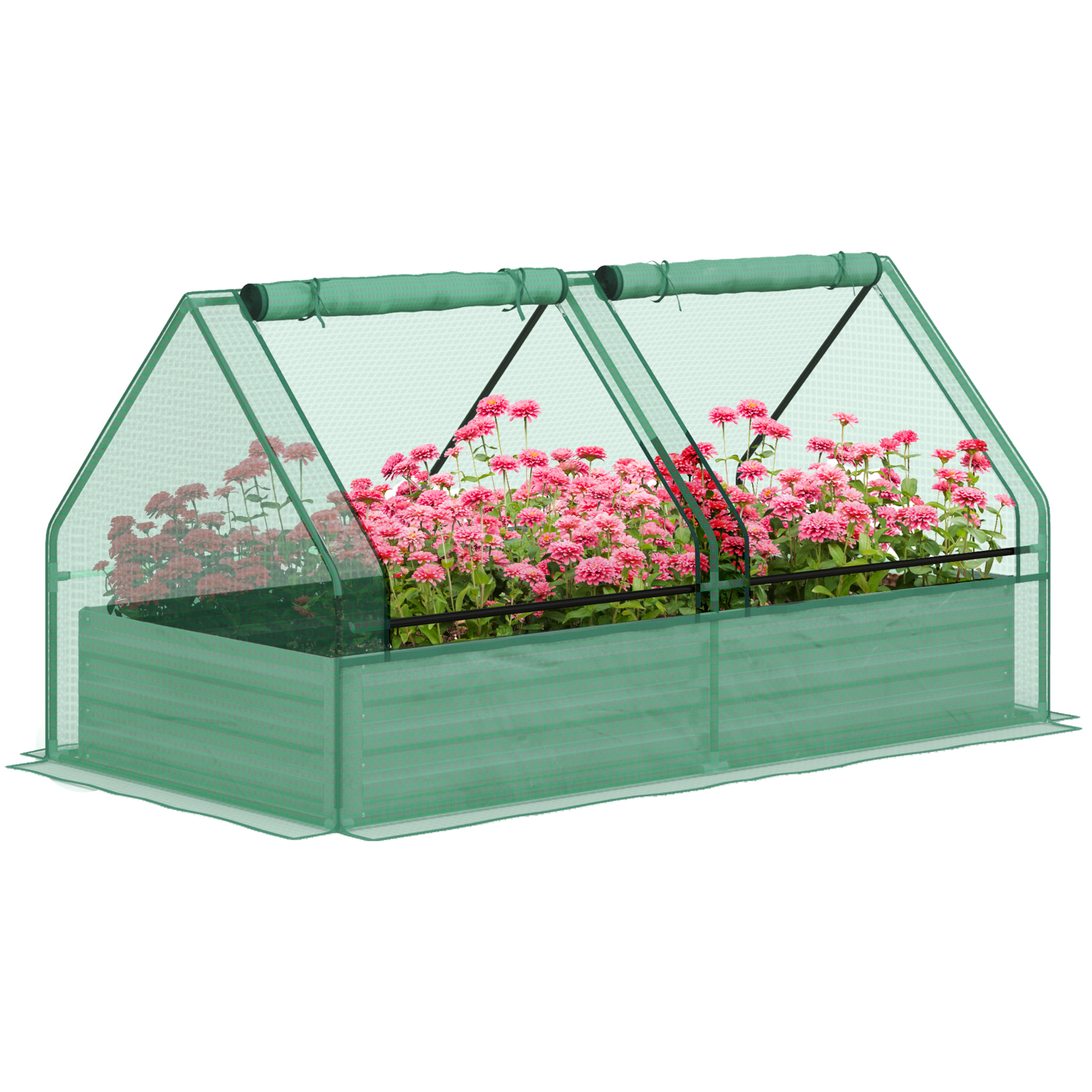 Jardinera Exterior Grande con Mini Invernadero, Huerto Urbano de Acero Galvanizado con Base Abierta, Resistente a la Intemperie, para Patio, Terraza, Balcón, 185x95x92 cm, Gris y Verde