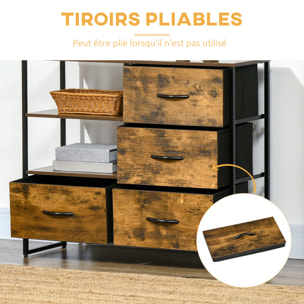 Buffet design industriel - 4 tiroirs, 2 niches, plateau - châssis acier noir MDF aspect bois avec veinage
