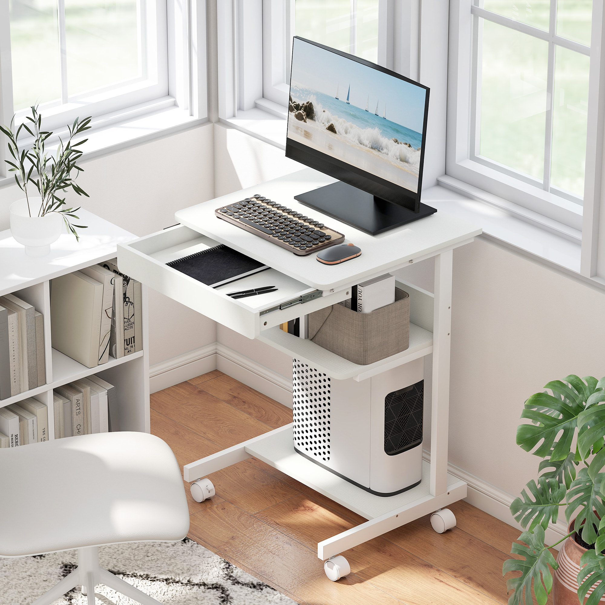 Bureau informatique roulant - bureau mobile - table d'ordinateur - tiroir coulissant 2 étagères - blanc naturel