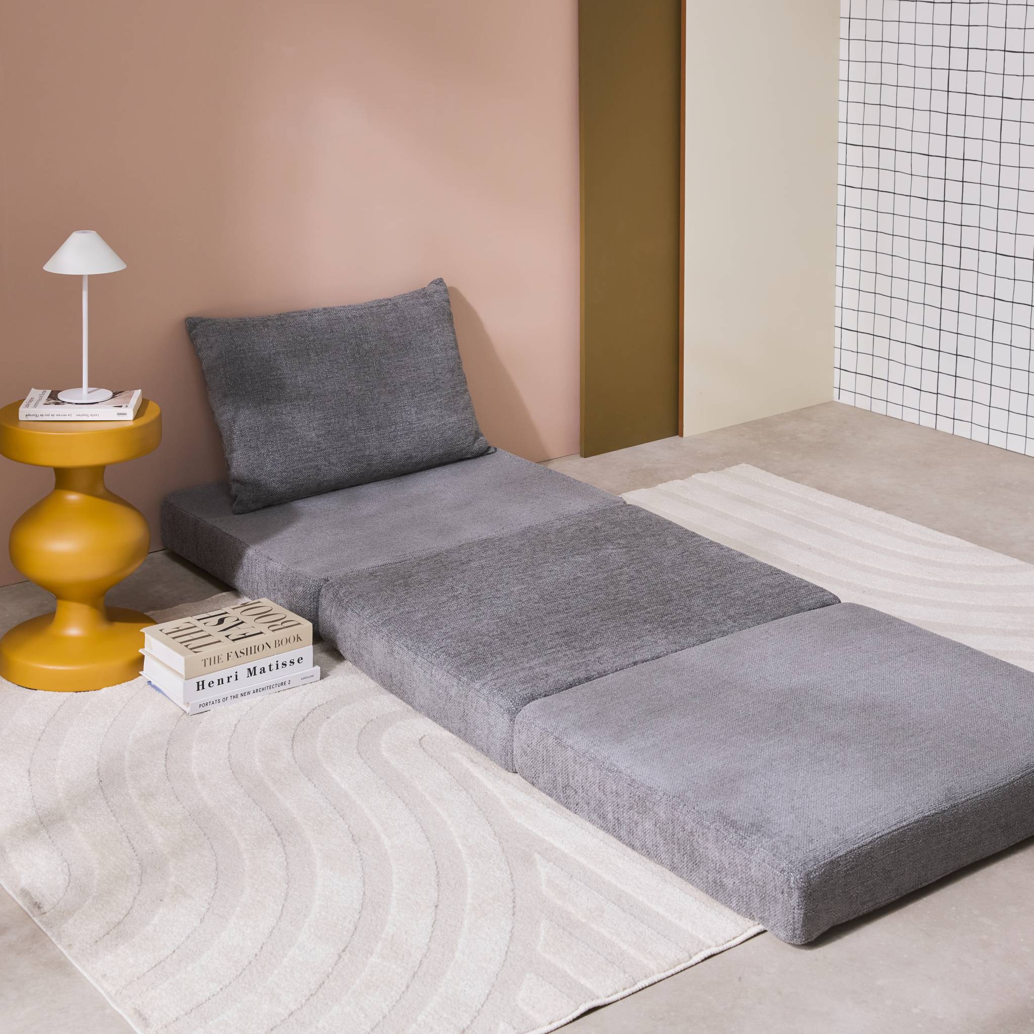 Chauffeuse matelas convertible gris tissu chenille 1 place Fold