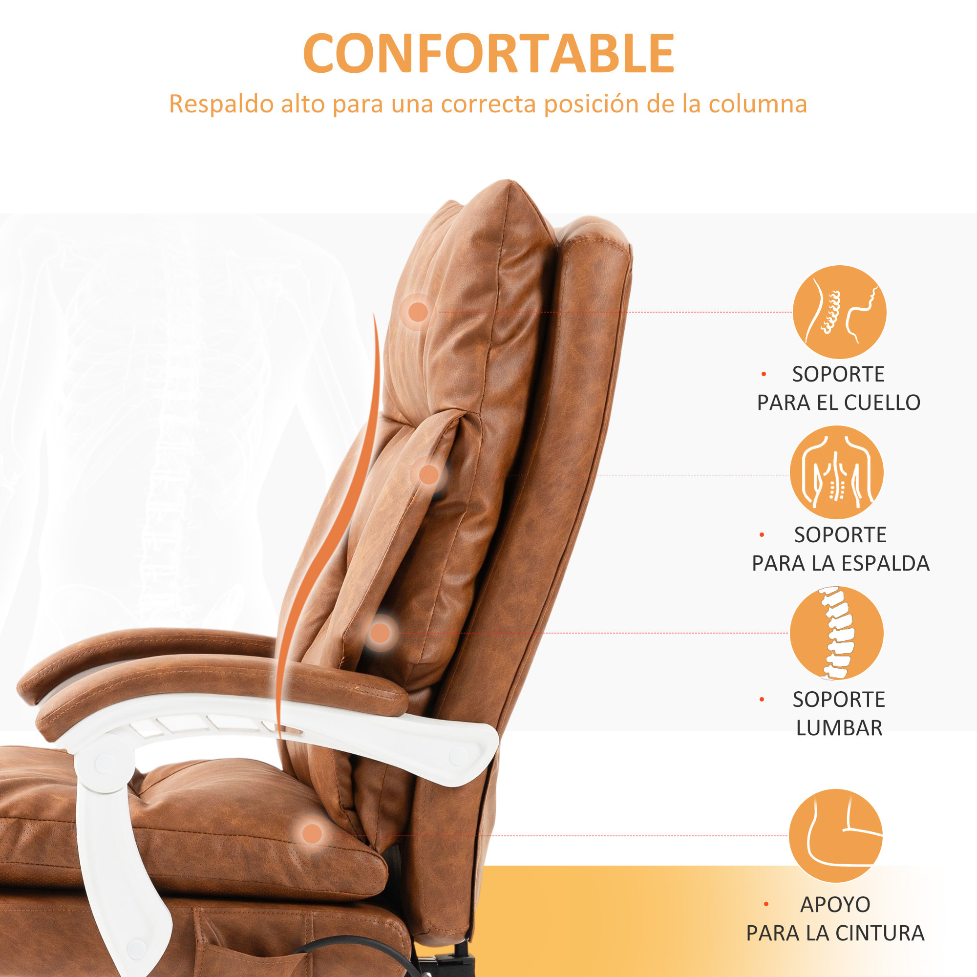 Silla de Escritorio con Soporte Lumbar Inflable, Tapizada en PU, Silla de Oficina Giratoria con Reposapiés, Respaldo Reclinable, Respaldo Alto, Altura Ajustable, Marrón