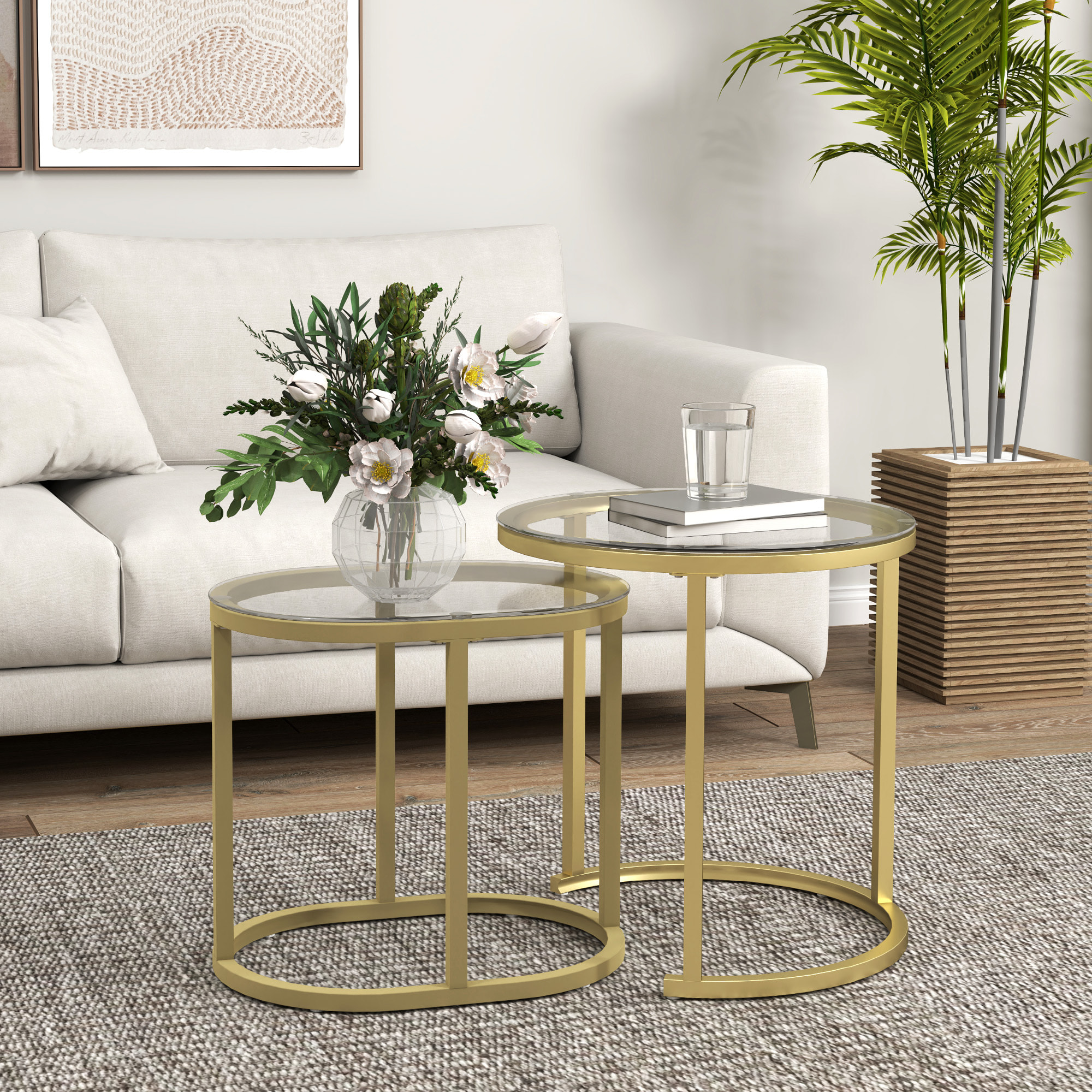 Lot de 2 tables basses gigognes - tables d'appoint encastrables style contemporain - piètement acier plateau verre trempé