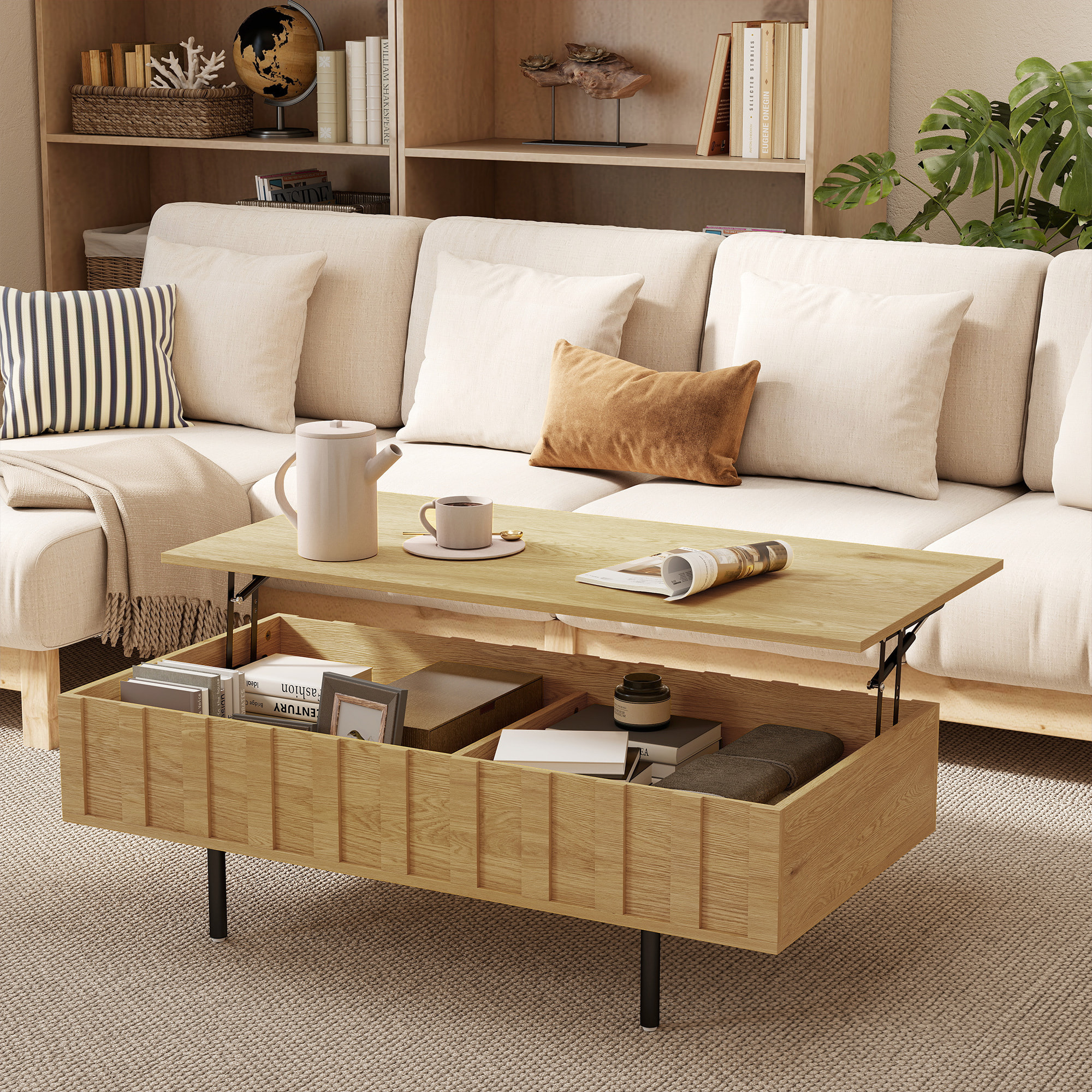 Table basse relevable avec 2 rangements cachés et côtés cannelés, 110 × 55 × 36,5 cm, effet chêne