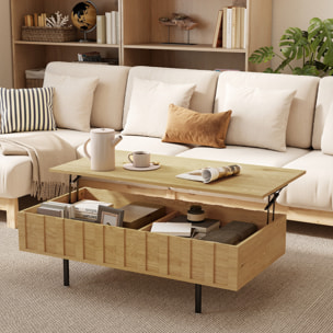 Table basse relevable avec 2 rangements cachés et côtés cannelés, 110 × 55 × 36,5 cm, effet chêne