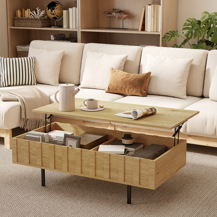 Table basse relevable avec 2 rangements cachés et côtés cannelés, 110 × 55 × 36,5 cm, effet chêne